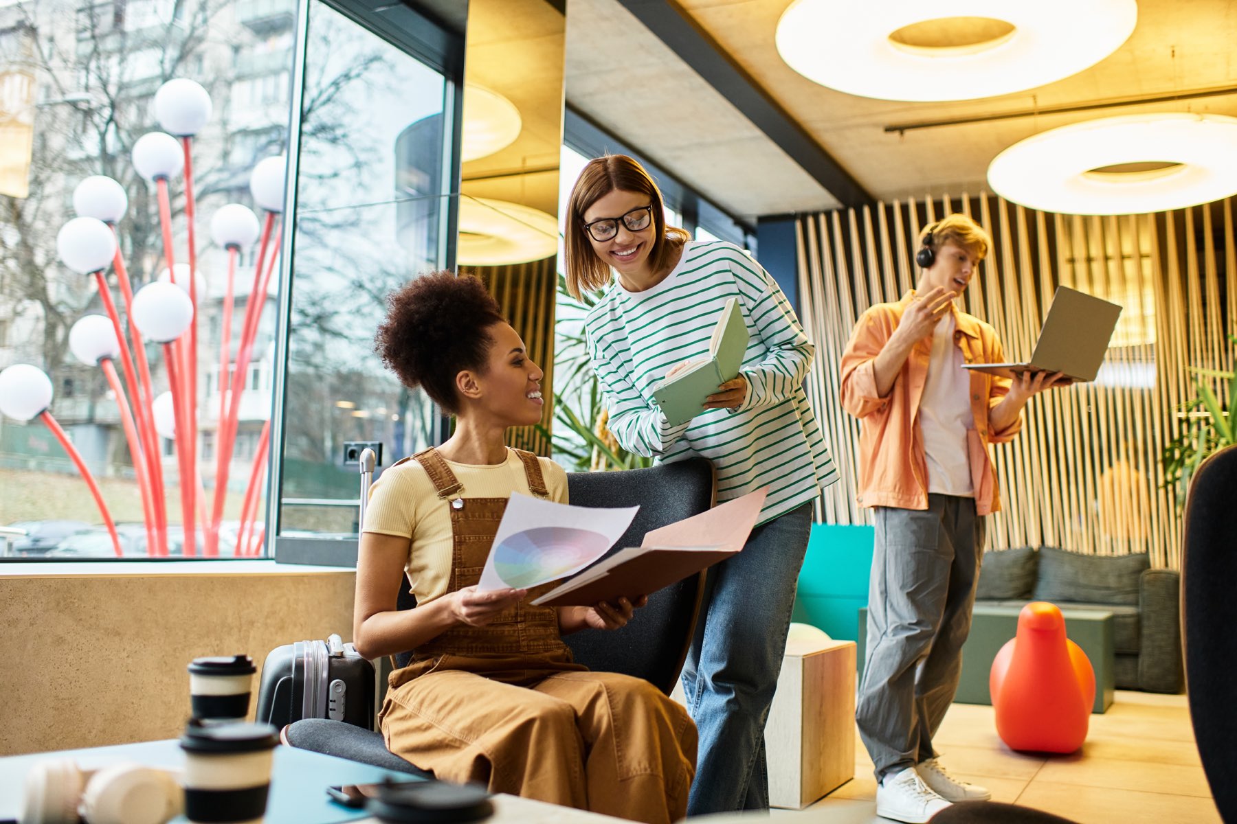 A friendly, relaxed workspace where a conversation is about to happen